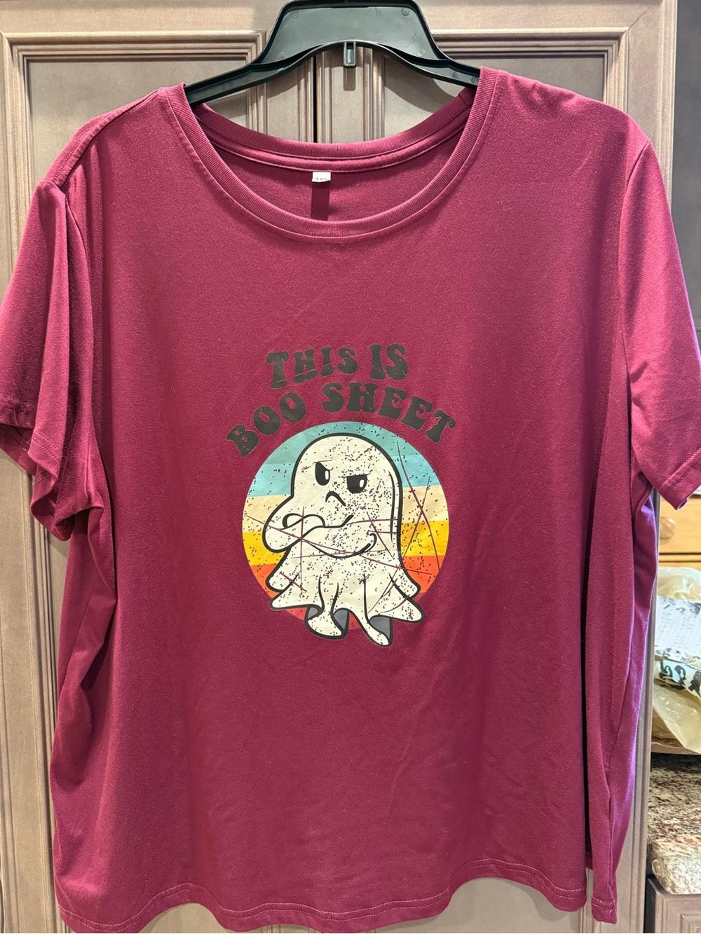 “This is Boo Sheet” 3X Tee Graphic Raspberry T-Shirt with Playful Ghost Print